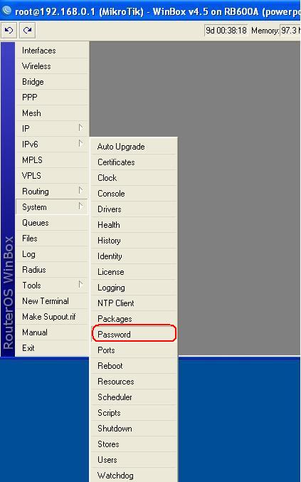 winbox change a password menu item